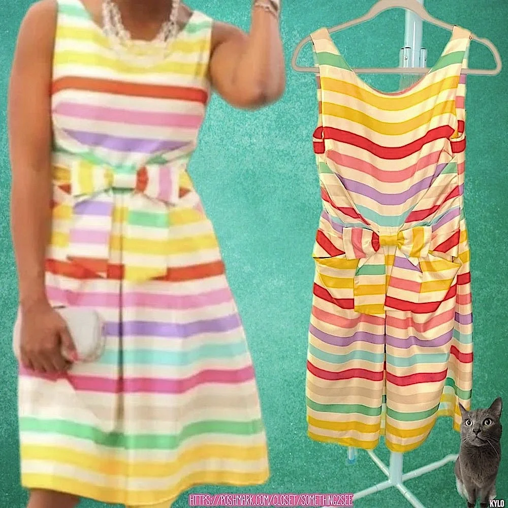 kate spade | Jillian | Lined Silk Rainbow Stripe Dress w Front Pockets & Bow - Picture 2 of 15